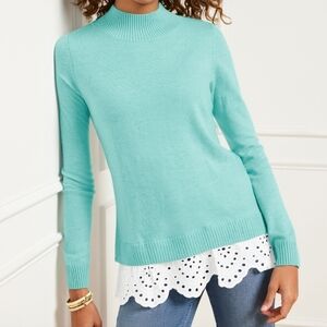 Talbots Eyelet Hem Mockneck Pullover Sweater sz 14P Turquoise White Chic Feminin